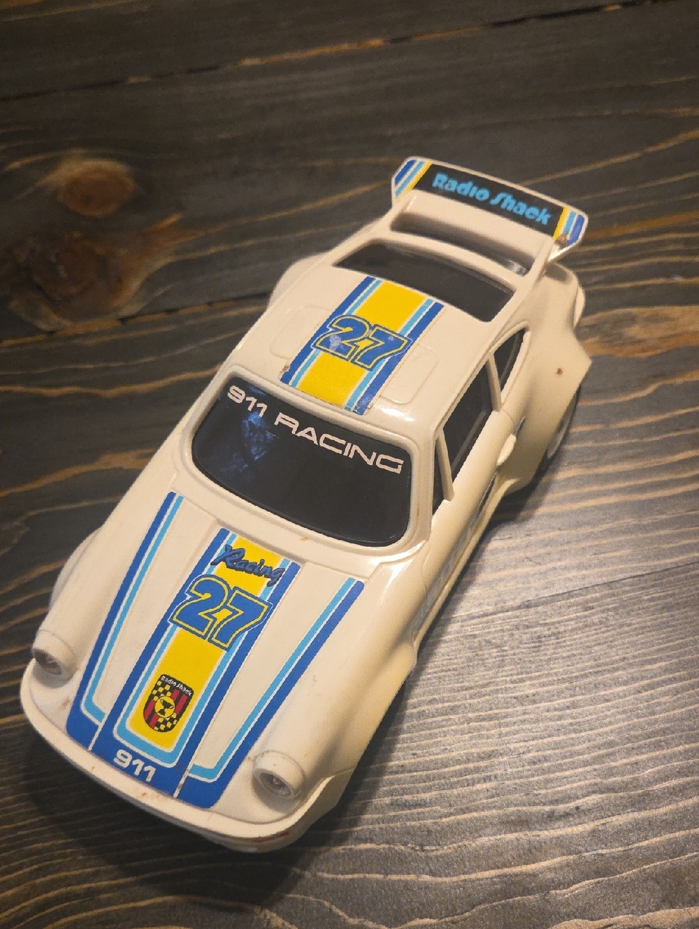 RadioShack White Racing Toy Car with Blue & Yellow Stripes - Kids Vehicle